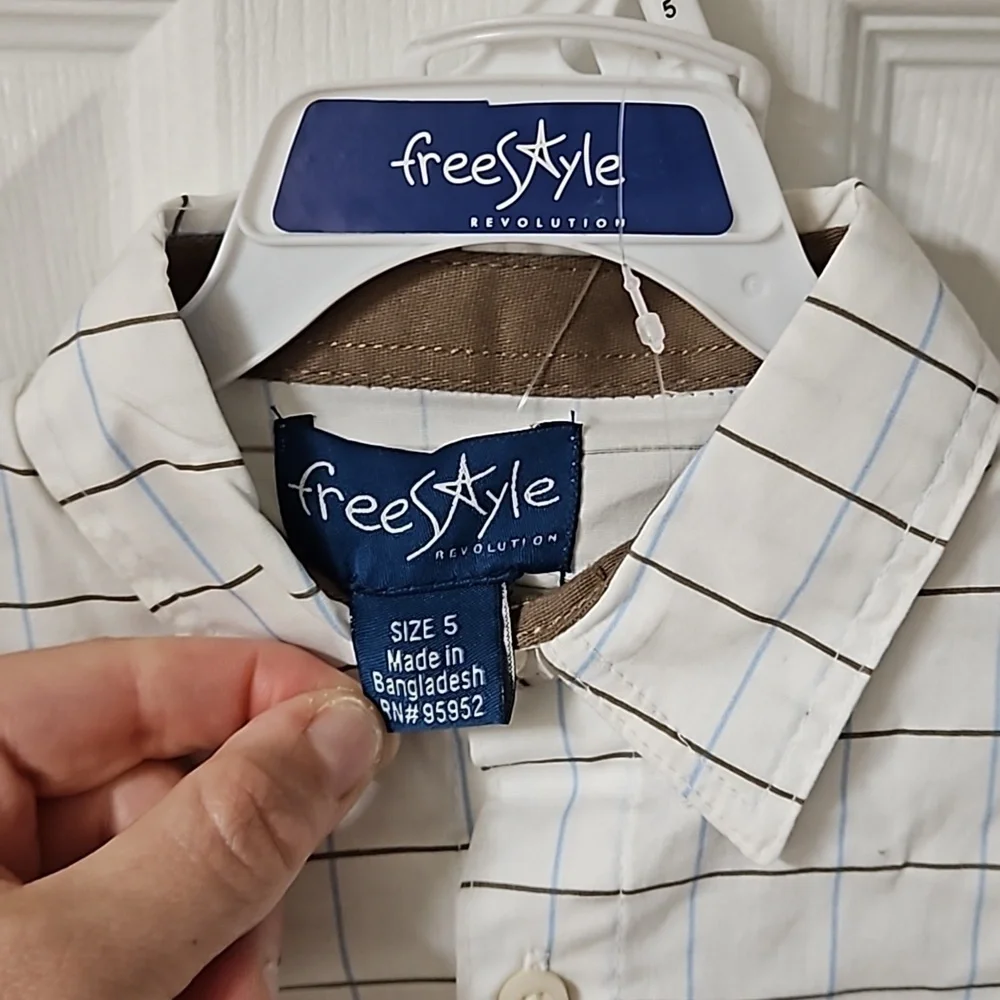 Freestyle 2 Piece Set White Button Down Blue Brown Stripe Sleeve Brown Cargo 5